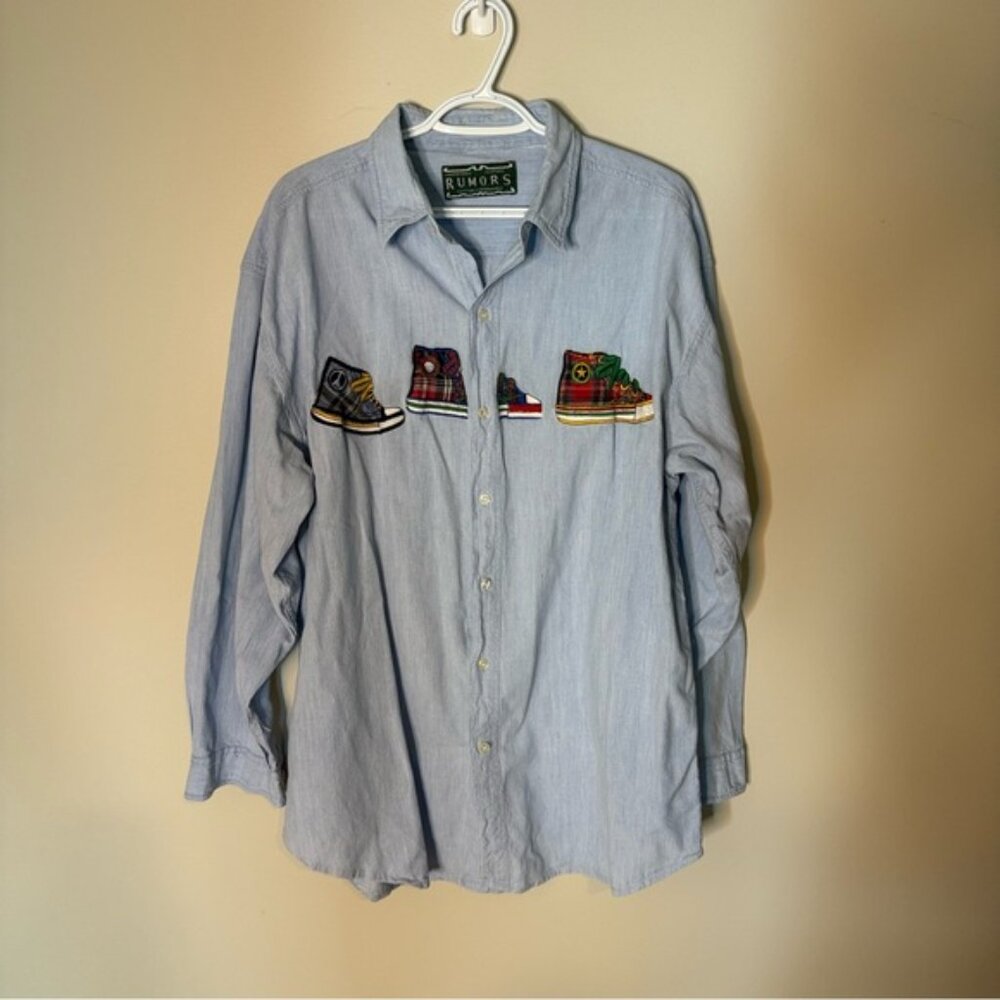 RUMORS Mens Denim Button Down Shirt Light Wash Sneaker Embellishment - Picture 6 of 9